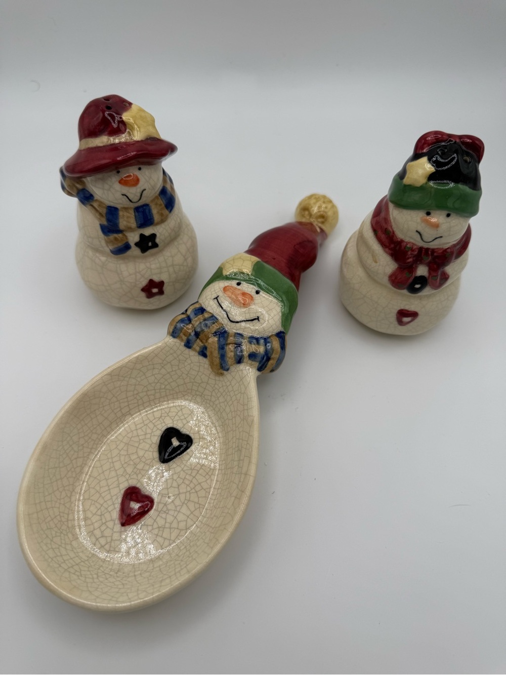 Festive Snowman Ceramic Spoon and Salt Shaker Set - Holiday Decor